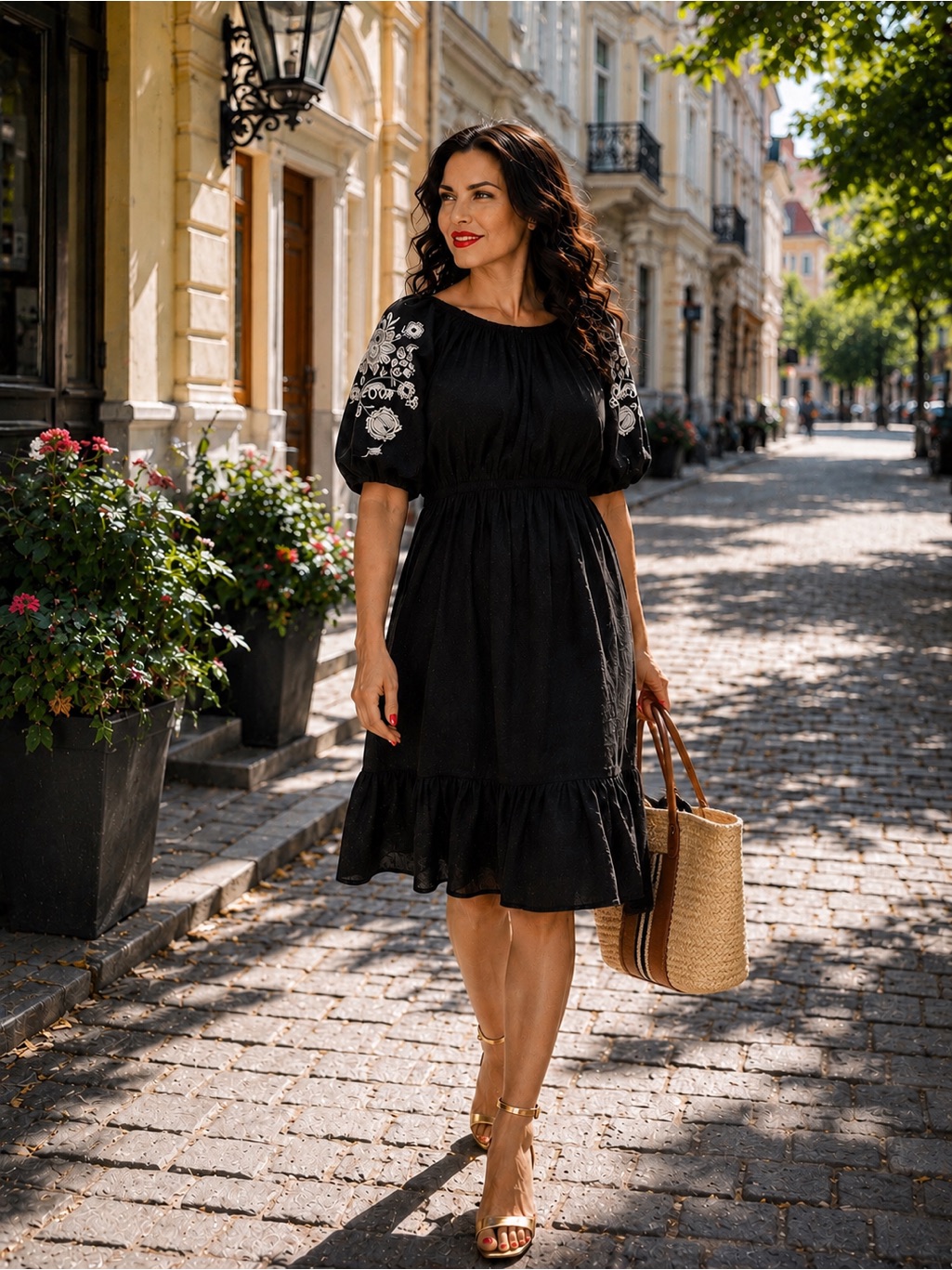 Bohemian Embroidered Peasant Midi Dress Size L -Xl Black Resort Coastal Boho